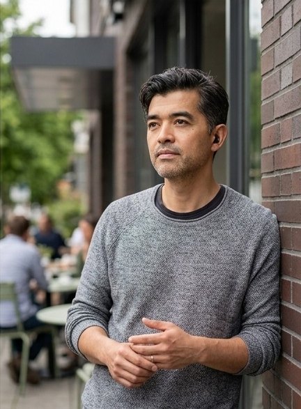 Johnny, the writer of StyleFusion Homes, in a grey sweater leaning against a brick wall outside a cafe