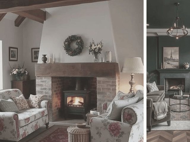A cottage living room with a brick fireplace and floral armchairs, one of the four style rooms in the quiz
