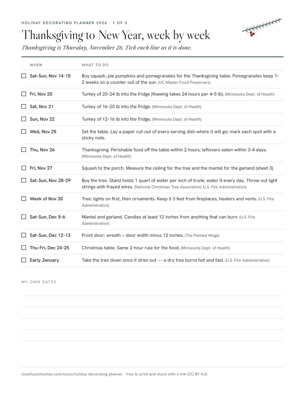Planner page 1: a dated checklist from November 14, 2026 to early January 2027, with tick boxes and the source for each step