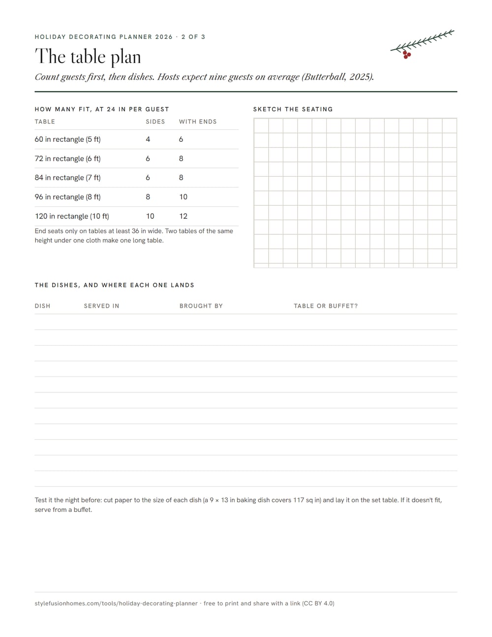 Planner page 2: a table of how many guests fit at each table size, a grid for sketching the seating, and lines for every dish