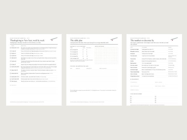 The three printable planner pages side by side: a dated checklist, a table plan and a sheet of decorating measurements