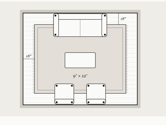 Floor plan drawing: a 9 by 12 foot rug under a sofa, two chairs and a coffee table, 18 inches of floor showing all round